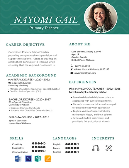 Printable Primary Teacher Resume Template - Word, Apple Pages, PSD, Publisher