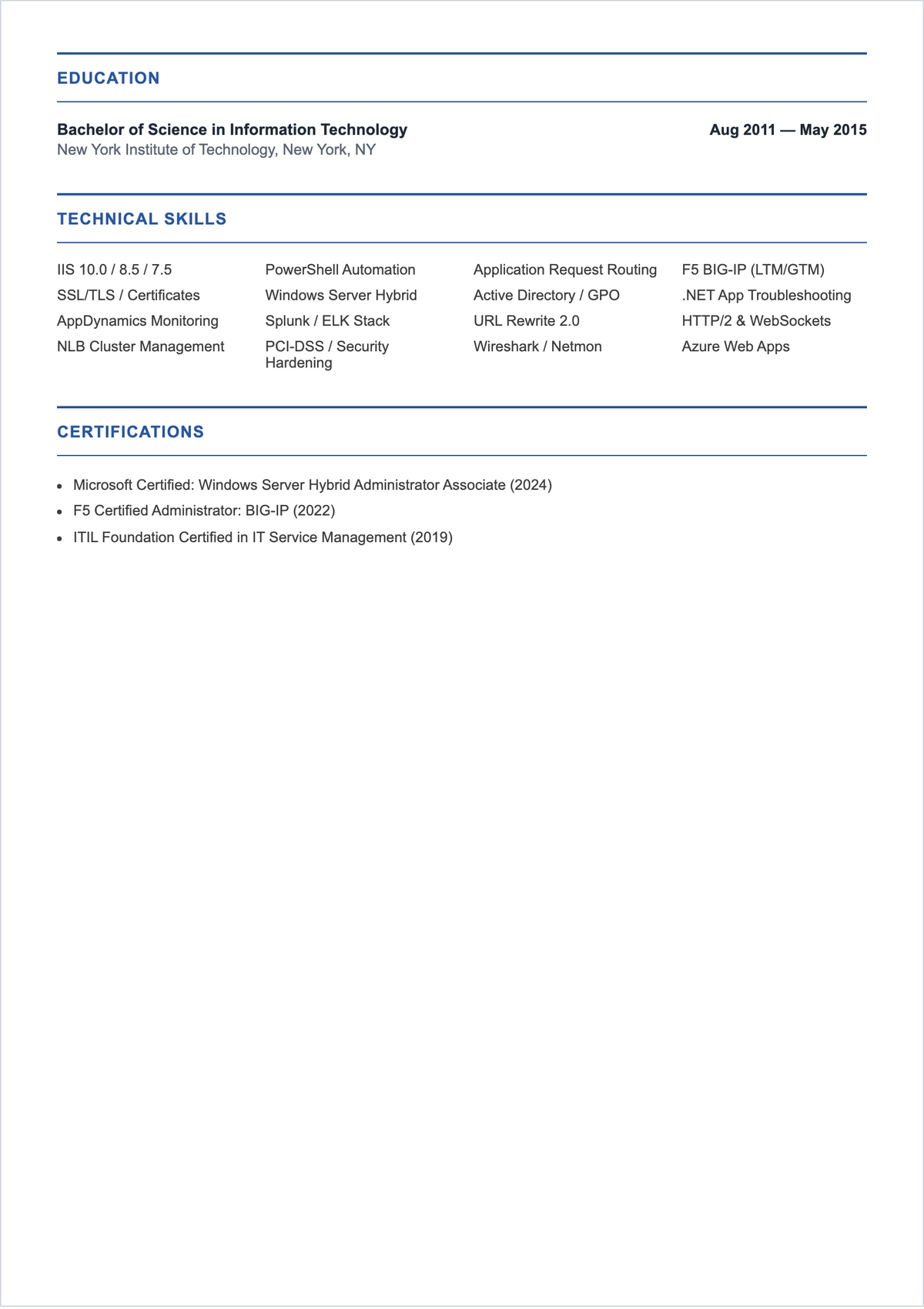 Free IIS Administrator ATS Resume Template, AI Resume Builder