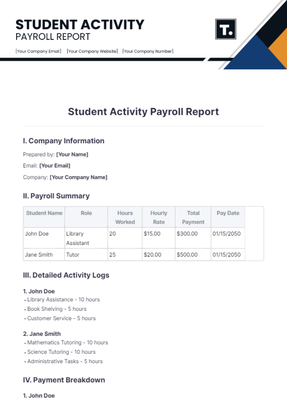 Student Activity Payroll Report Template - Edit Online & Download