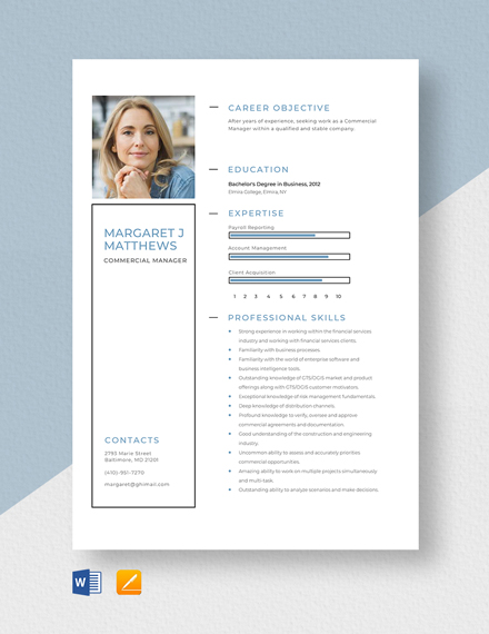 Free Commercial Manager Resume - Word, Apple Pages | Template.net
