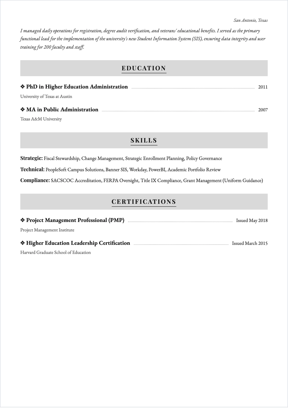 Free University Administrator ATS Resume Template, AI Resume Builder