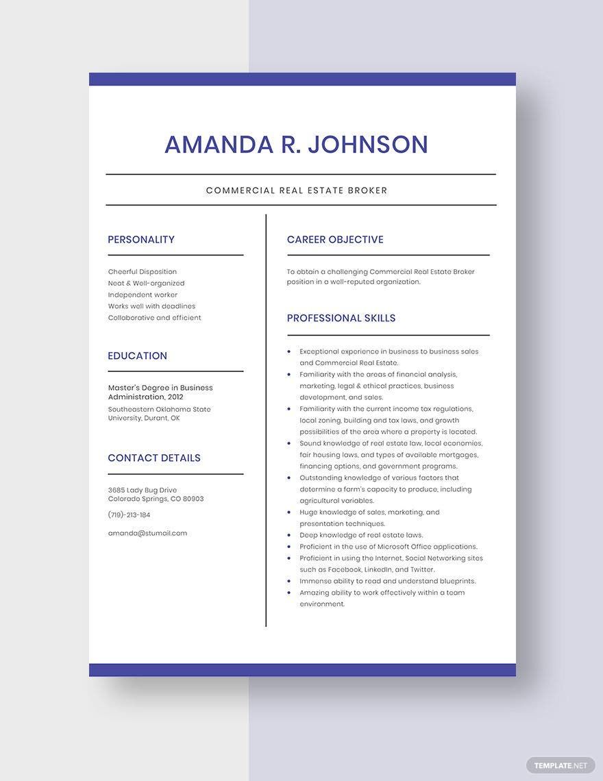 Free Commercial Real Estate Broker Resume Template