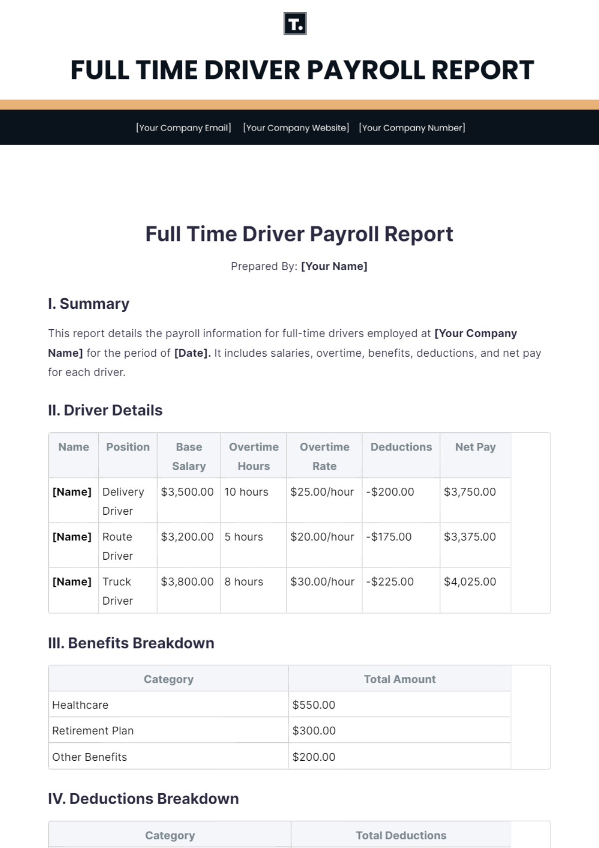 Full Time Driver Payroll Report Template - Edit Online & Download