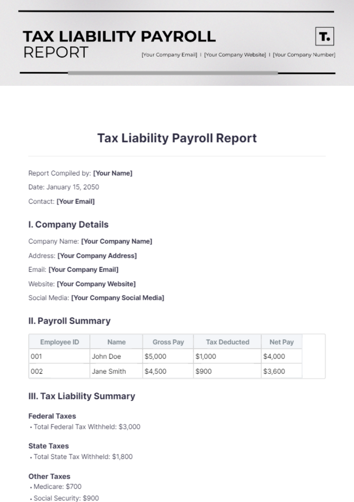 Tax Liability Payroll Report Template - Edit Online & Download