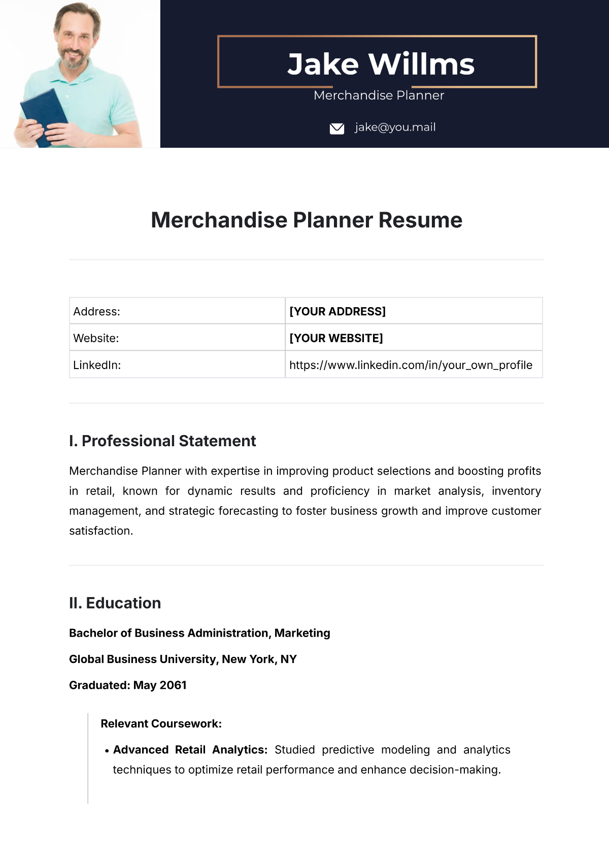 Merchandise Planner Resume Template - Edit Online & Download