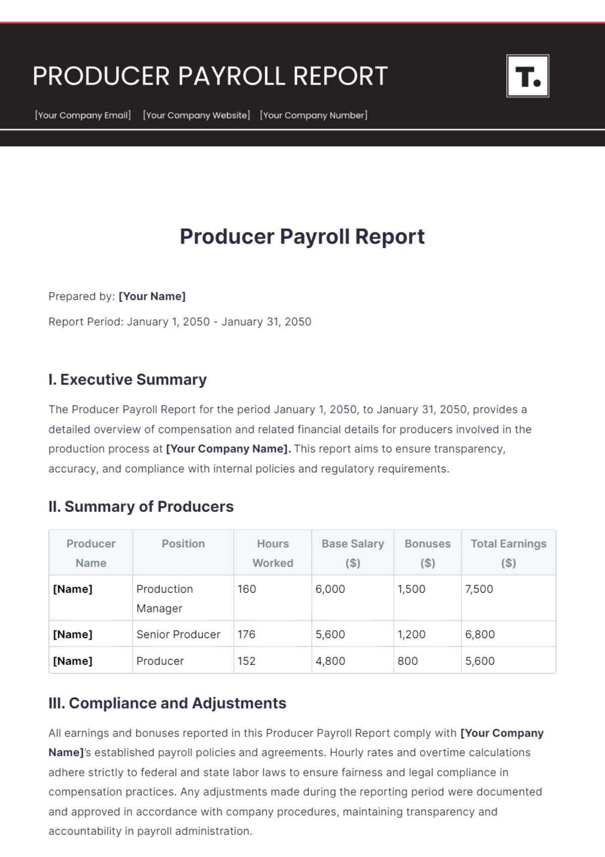 Producer Payroll Report Template - Edit Online & Download