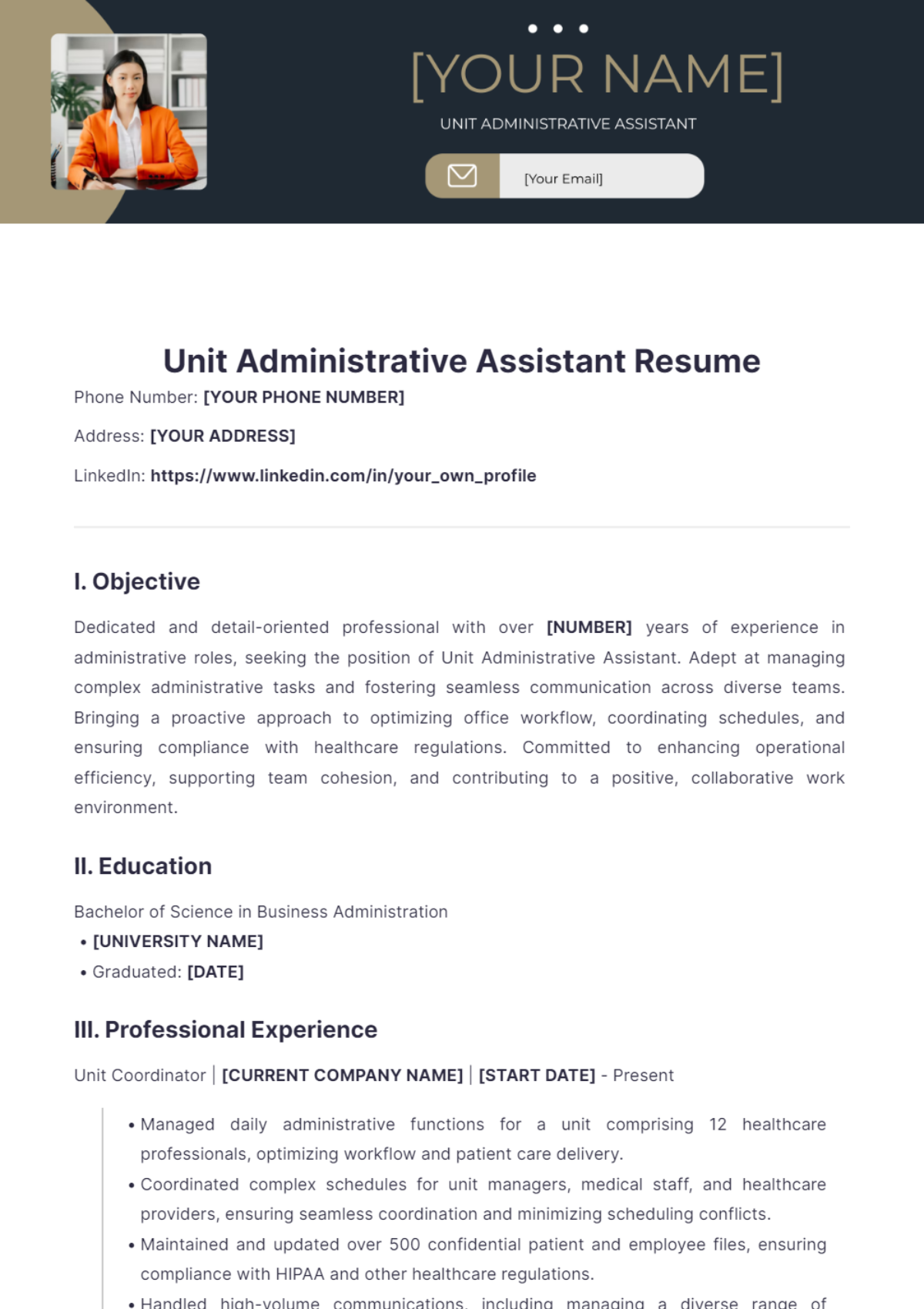 Unit Administrative Assistant Resume - Edit Online & Download