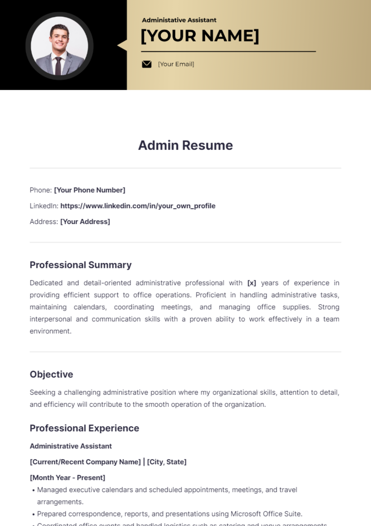 Free Admin Resume Template to Edit Online