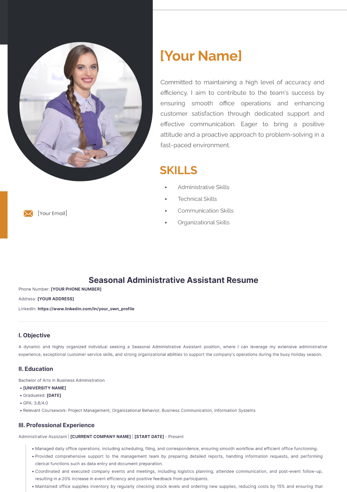 Seasonal Administrative Assistant Resume - Edit Online & Download