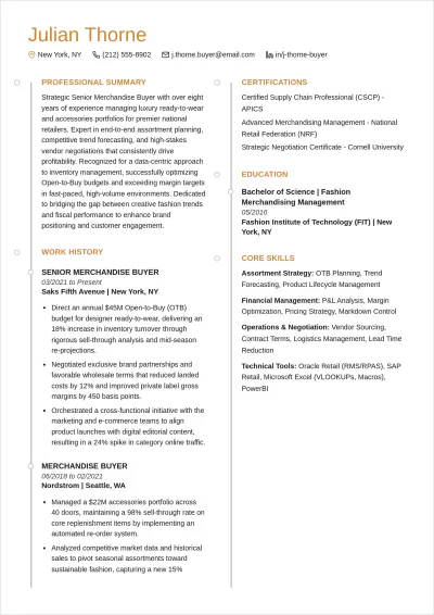 Free Merchandise Buyer ATS Resume Template, AI Resume Builder