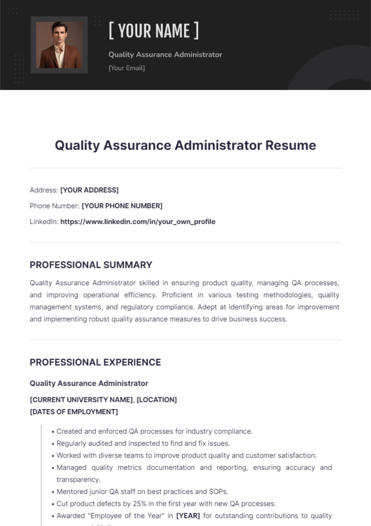 Quality Assurance Administrator Resume - Edit Online & Download