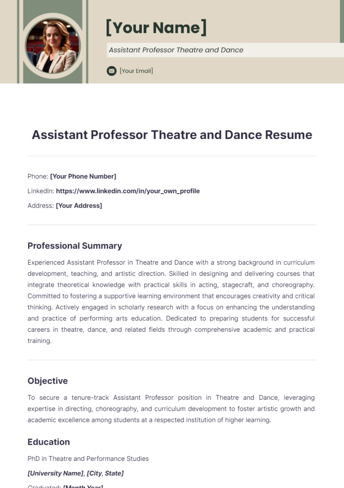 Assistant Professor Theatre and Dance Resume - Edit Online & Download