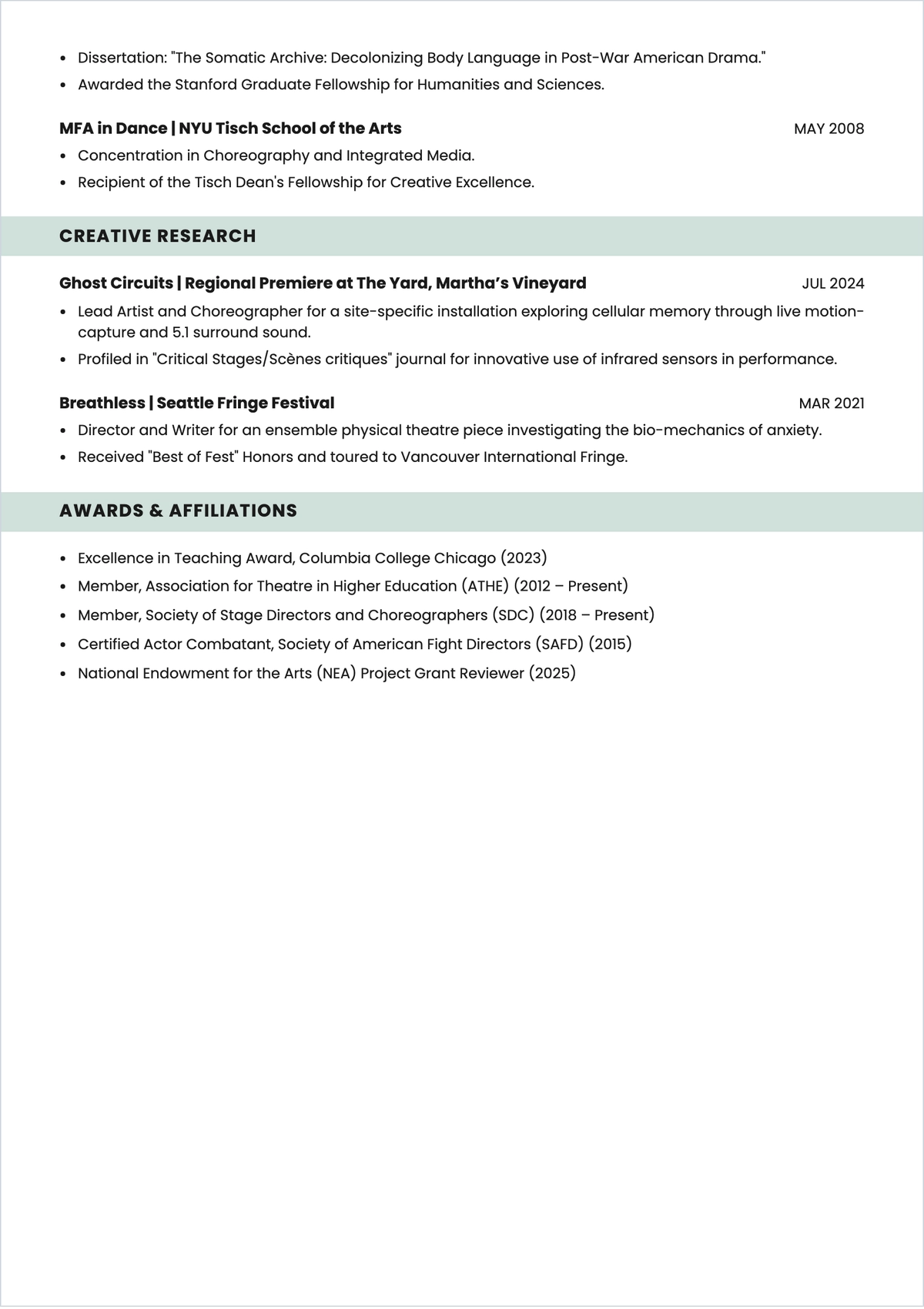 Free Assistant Professor Theatre and Dance ATS Resume Template