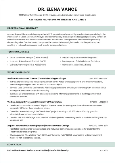 Free Assistant Professor Theatre and Dance ATS Resume Template