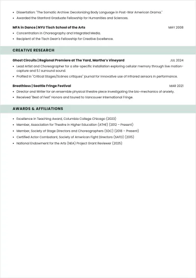 Free Assistant Professor Theatre and Dance ATS Resume Template