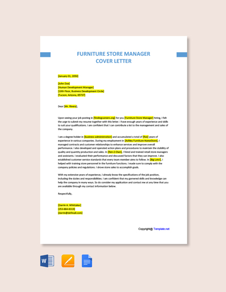 Furniture Store Manager Cover Letter Template - Google Docs, Word