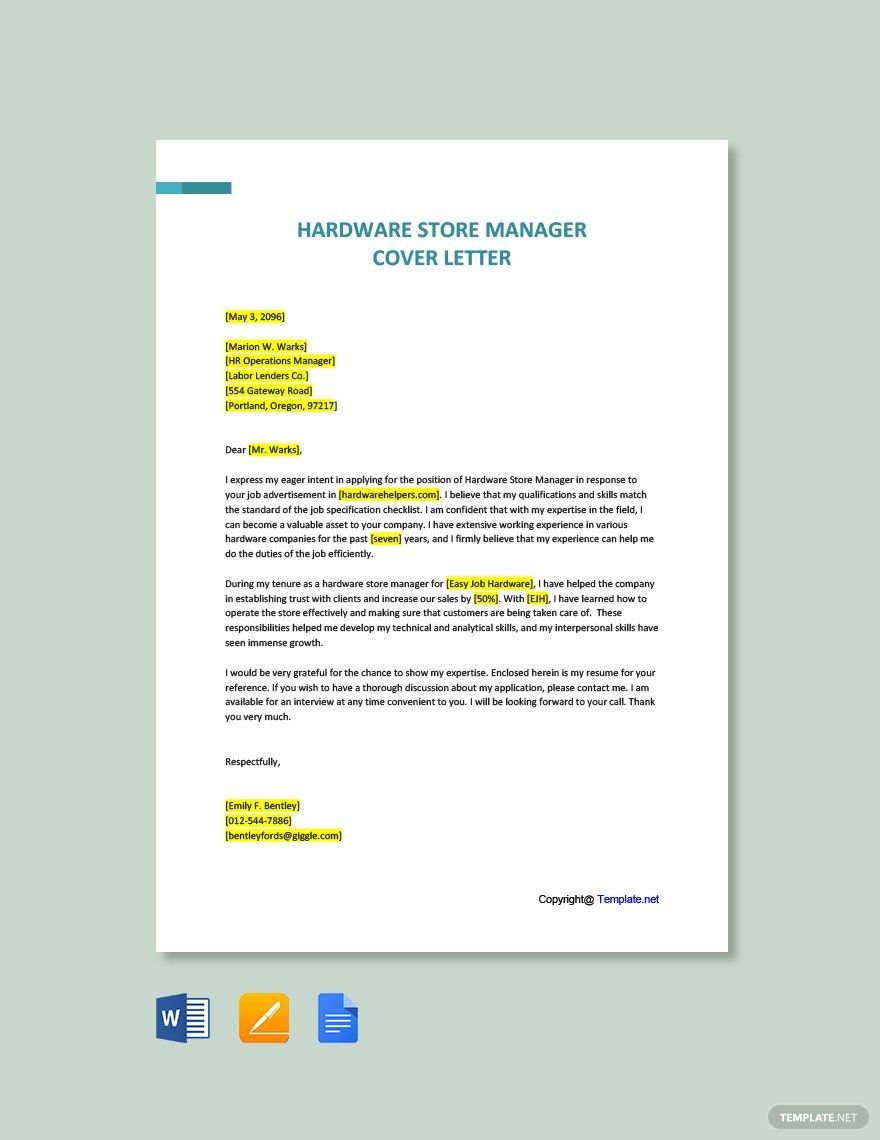 Hardware Store Manager Cover Letter