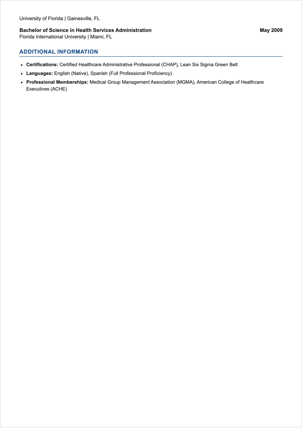 Free Medical Administrative Manager ATS Resume Template