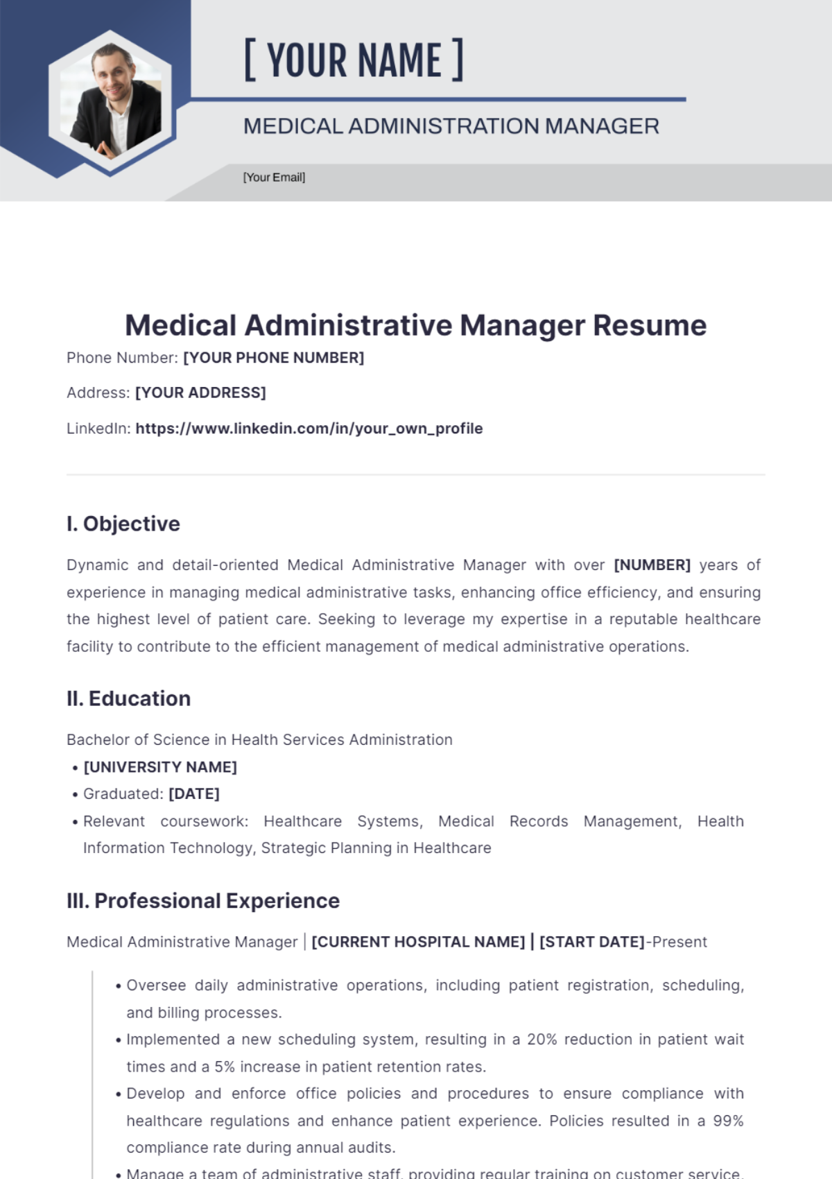 Medical Administrative Manager Resume - Edit Online & Download