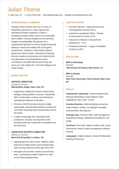 Free Artistic Director Theatre ATS Resume Template, AI Resume Builder
