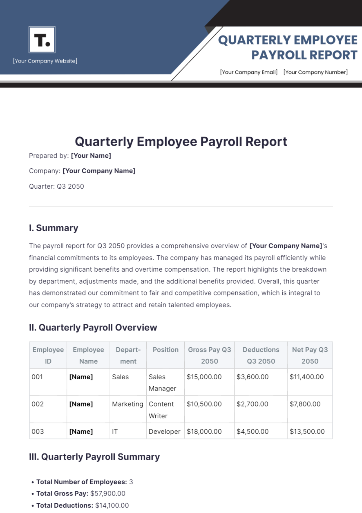 Quarterly Employee Payroll Report Template - Edit Online & Download