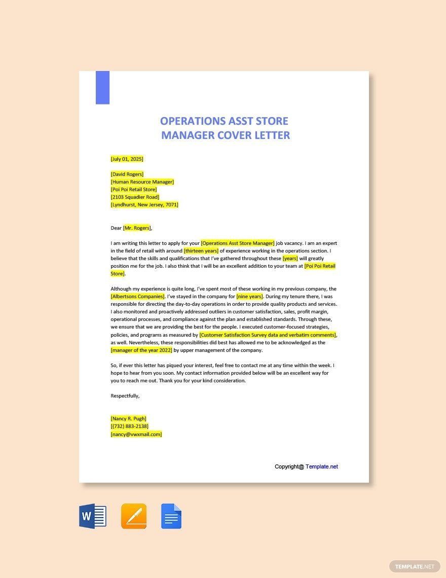 Operations Asst Store Manager Cover Letter