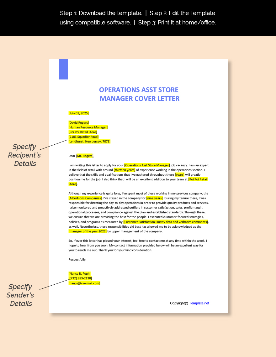 Operations Asst Store Manager Cover Letter Template