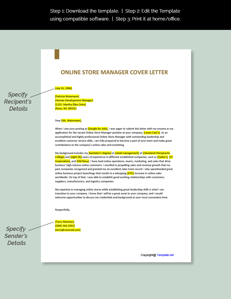 Online Store Manager Cover Letter Template