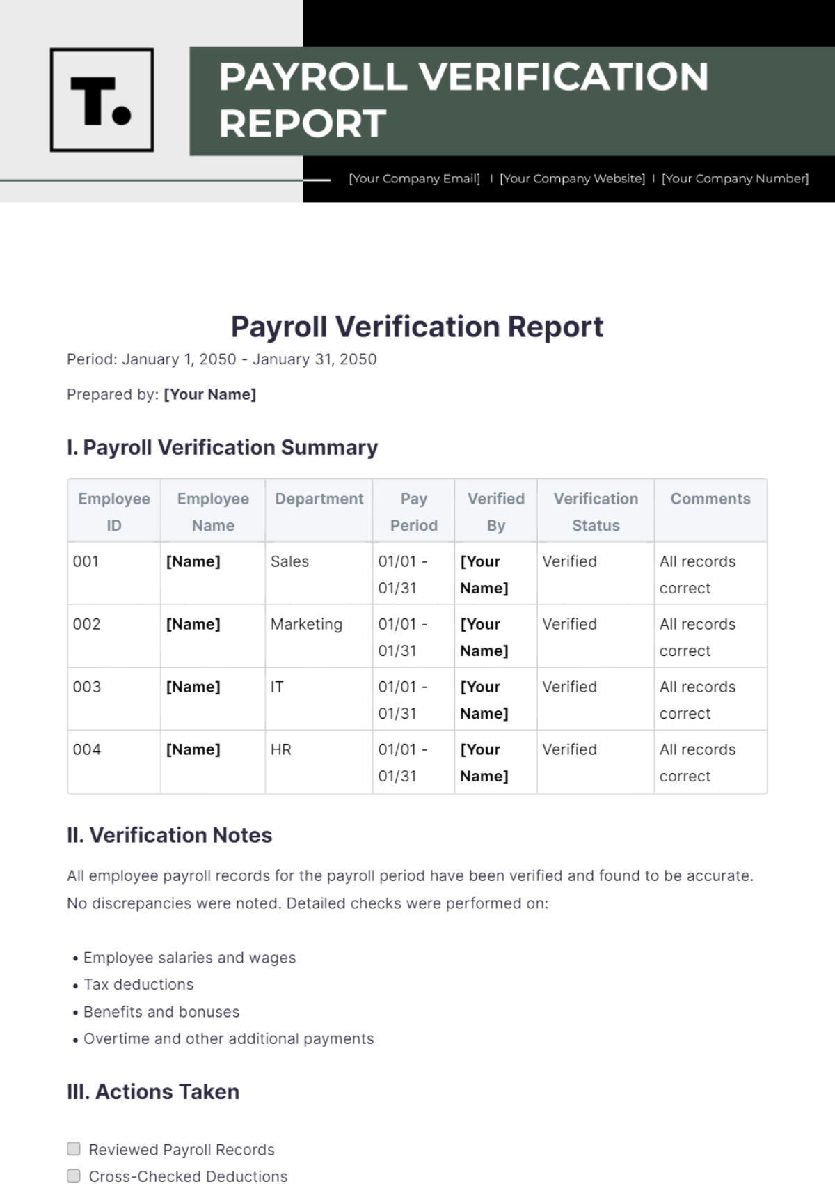 Free Payroll Verification Report Template - Edit Online & Download ...