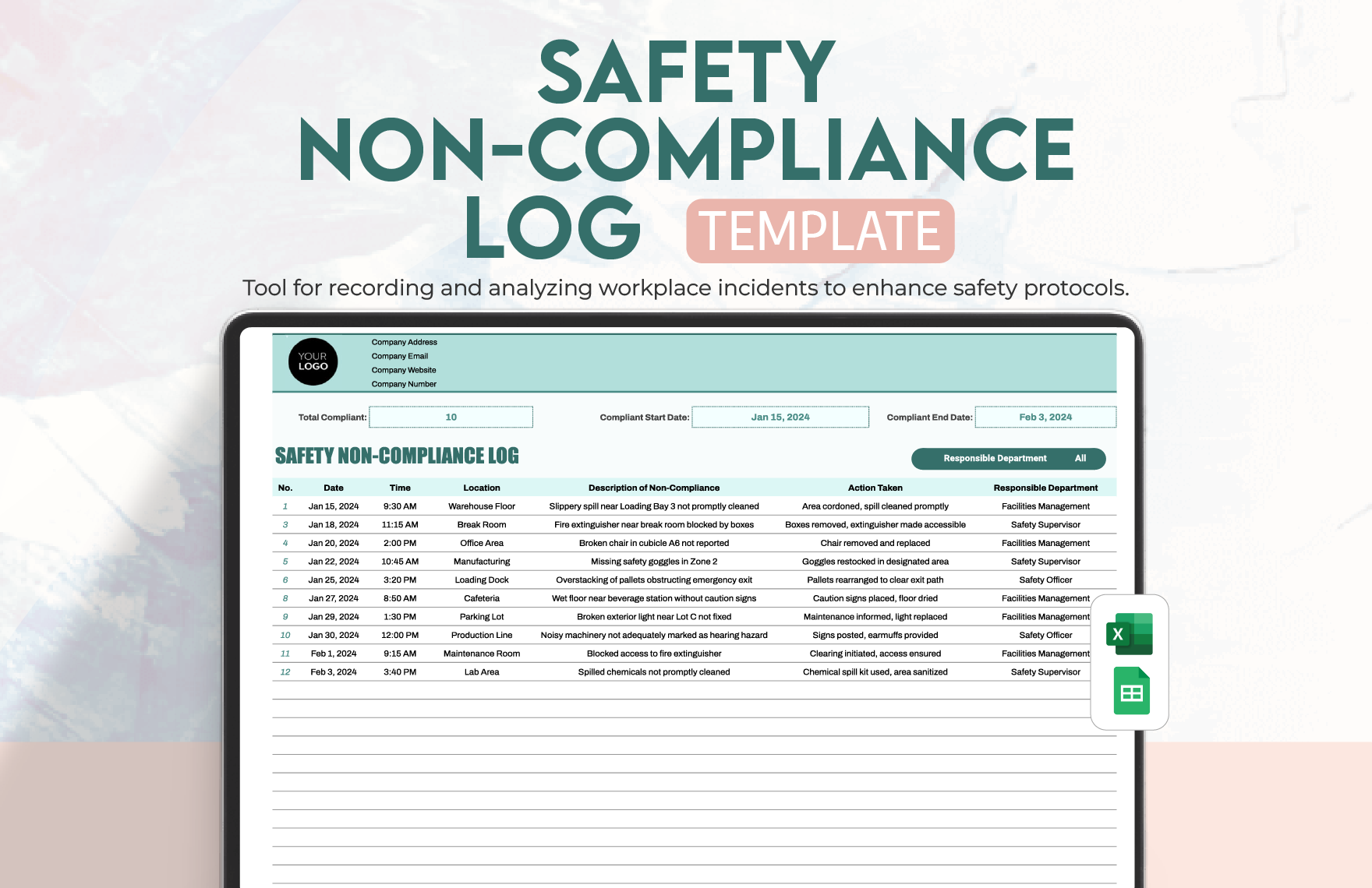 Safety Non-Compliance Log Template in Excel, Google Sheets