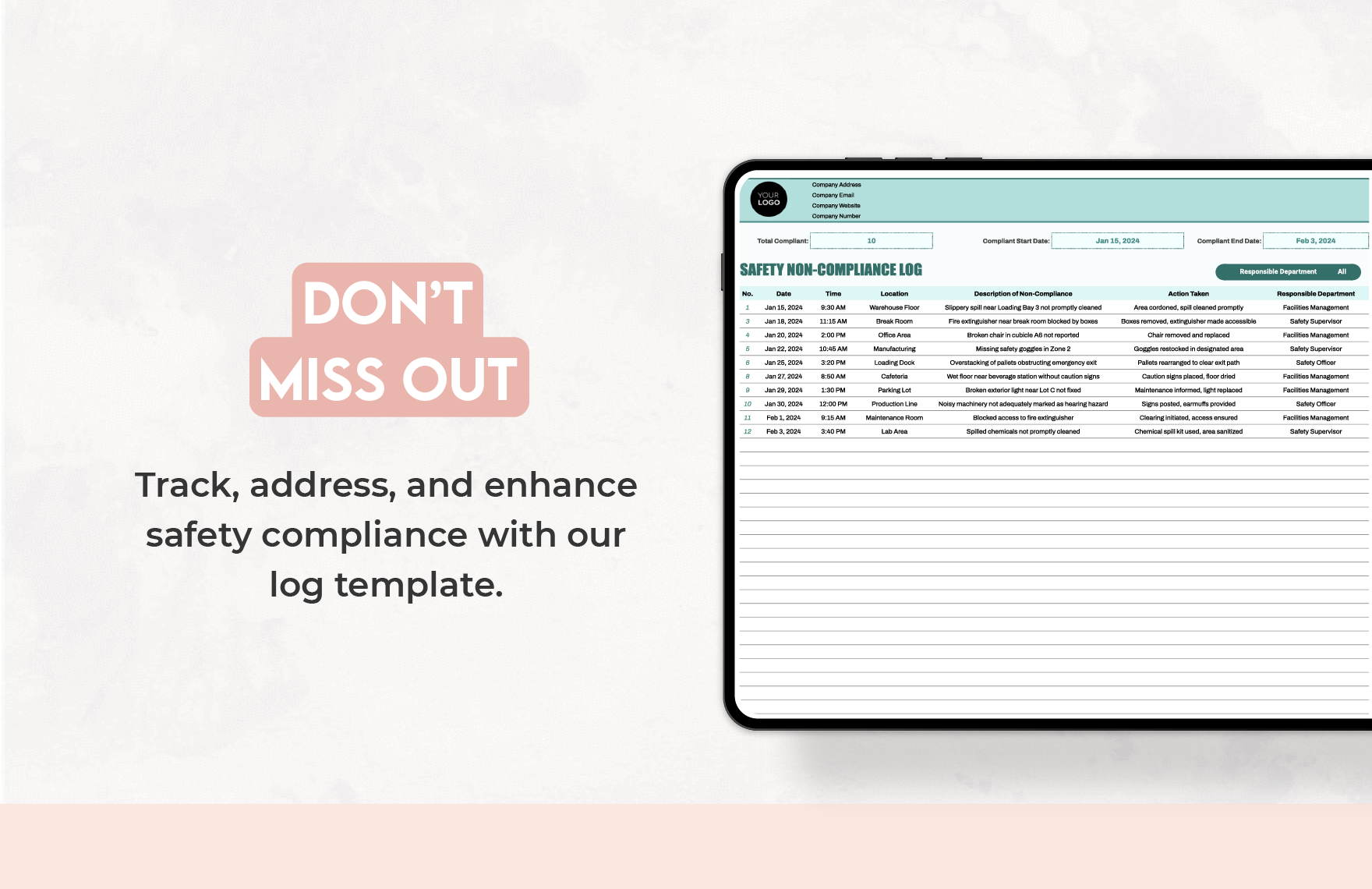 Safety Non-Compliance Log Template