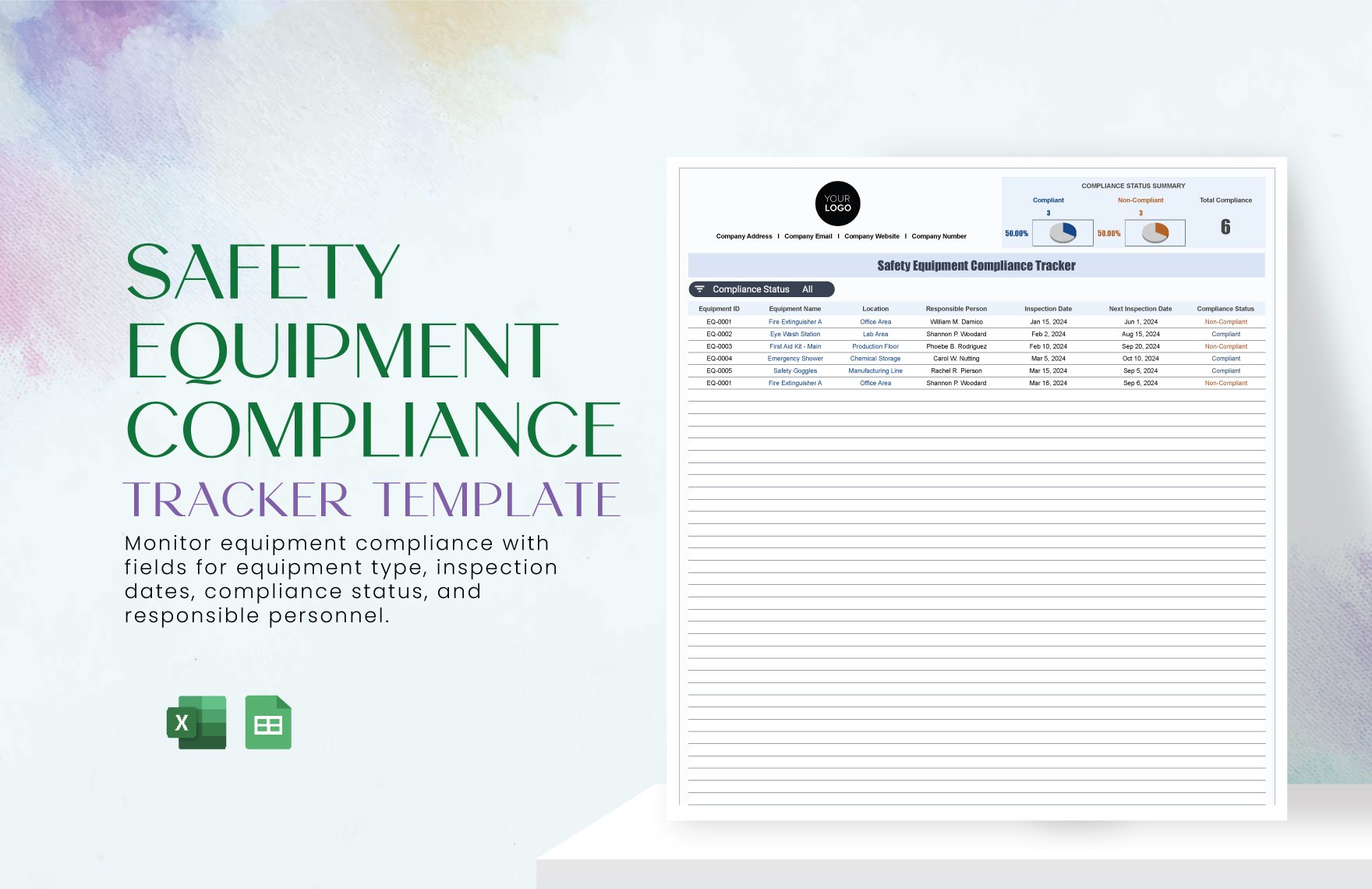 Safety Equipment Compliance Tracker Template in Excel, Google Sheets