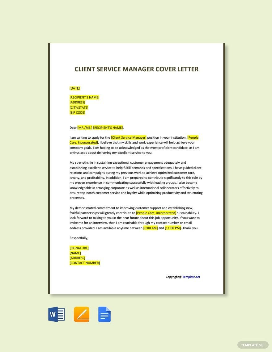 Client Services Manager Cover Letter Template