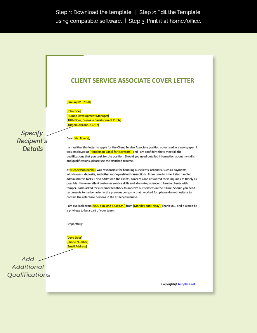 Client Service Associate Cover Letter