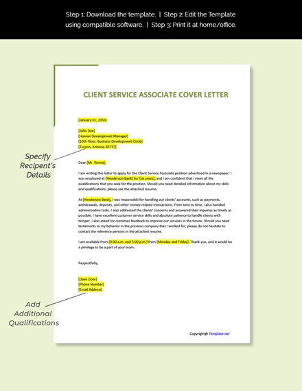 Client Service Associate Template Cover Letter Template