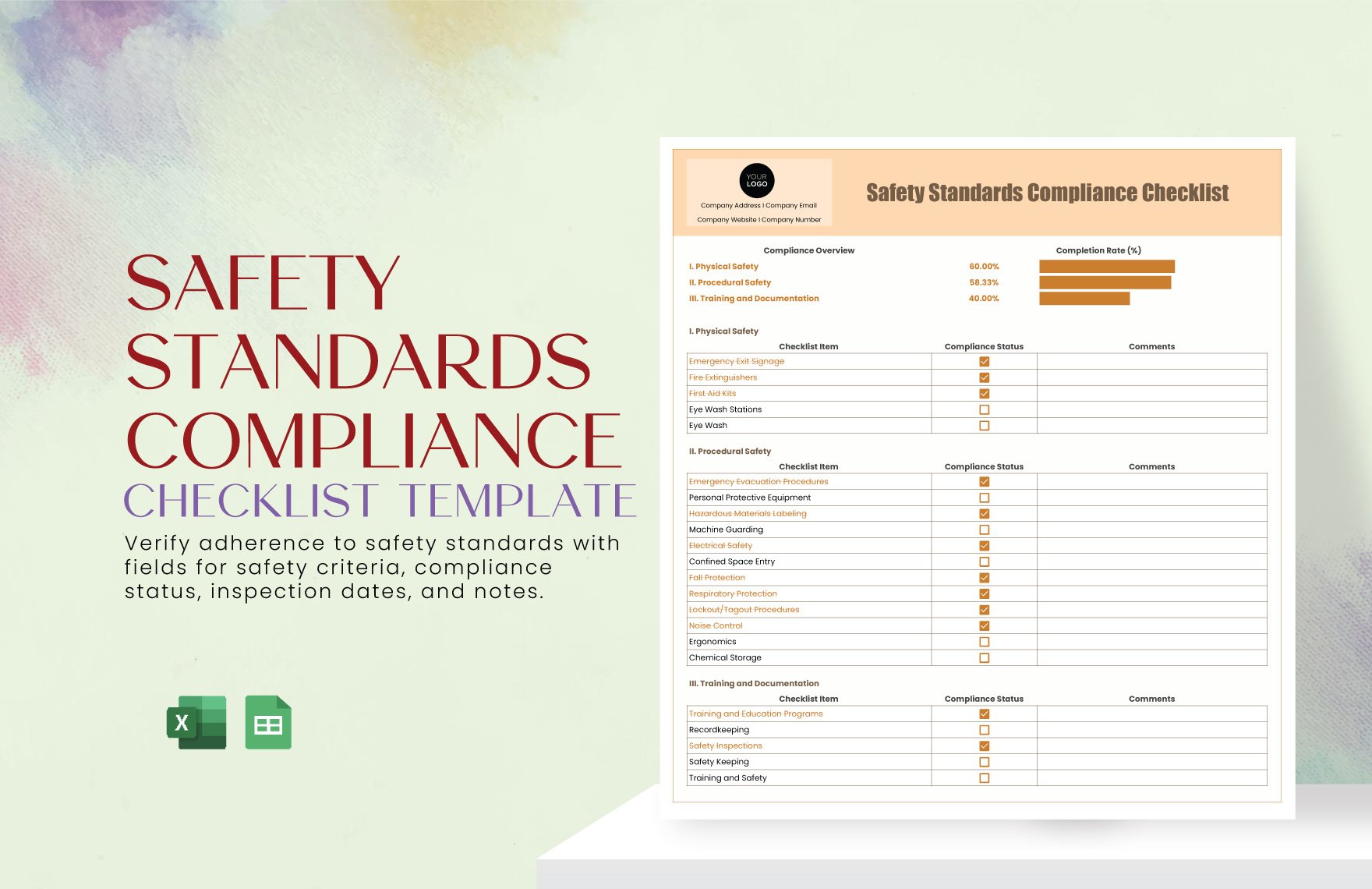 Safety Standards Compliance Checklist Template in Excel, Google Sheets