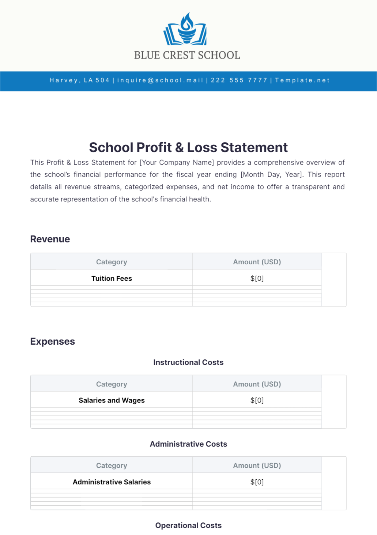 School Profit & Loss Statement Template - Edit Online & Download