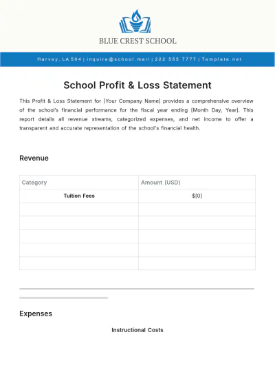 Free School Profit & Loss Statement Template to Edit Online