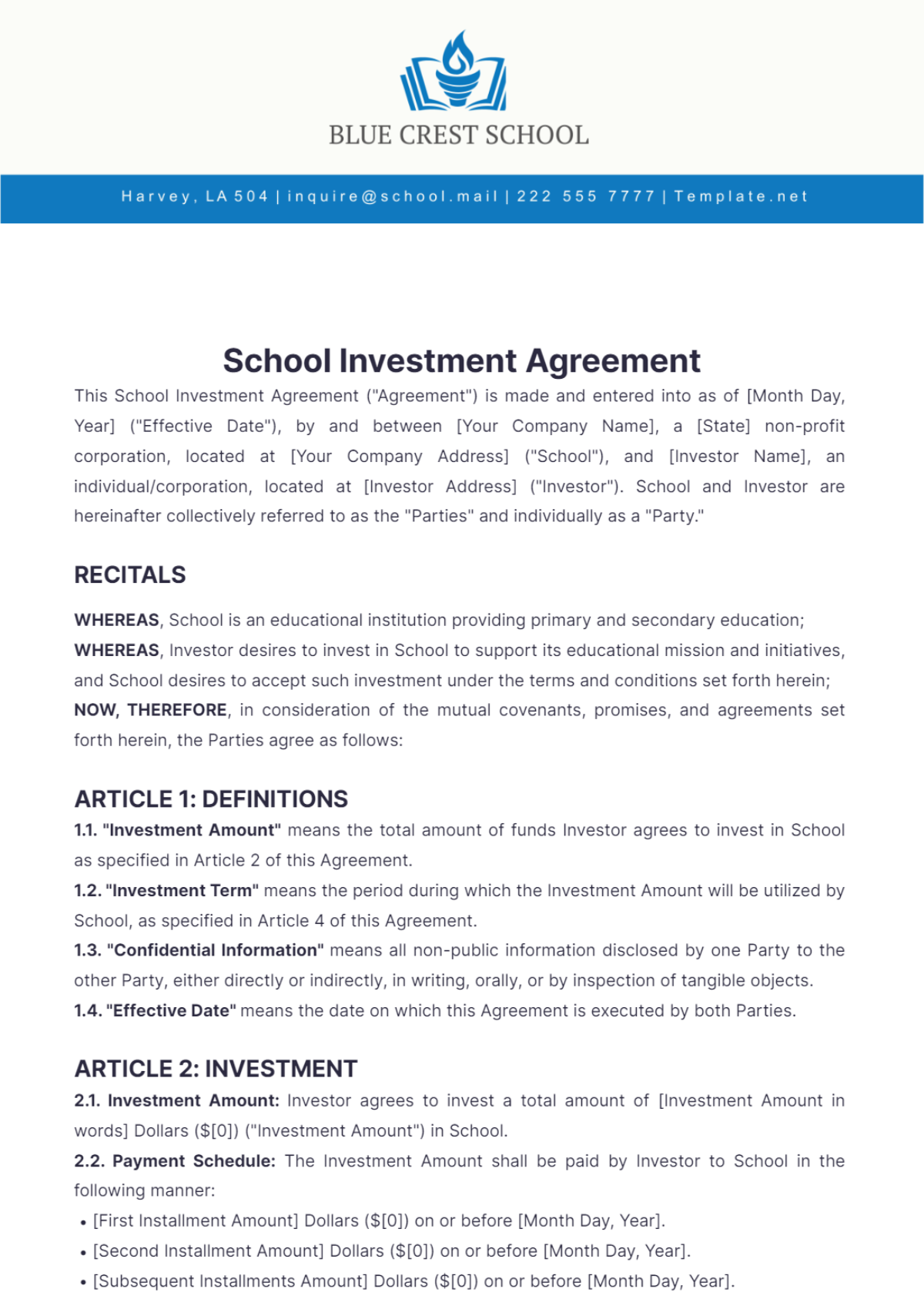 School Investment Agreement Template