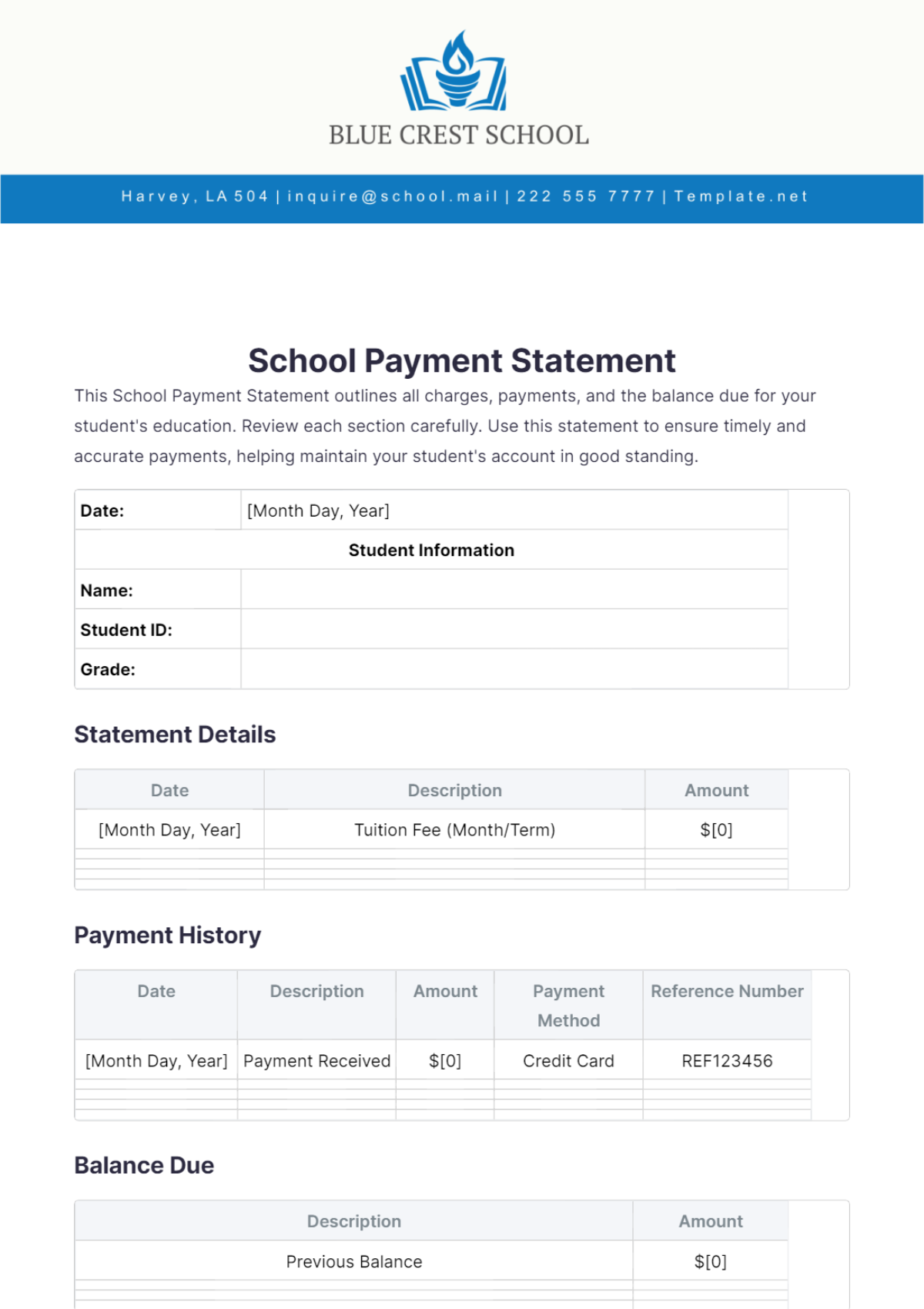 School Payment Statement Template - Edit Online & Download