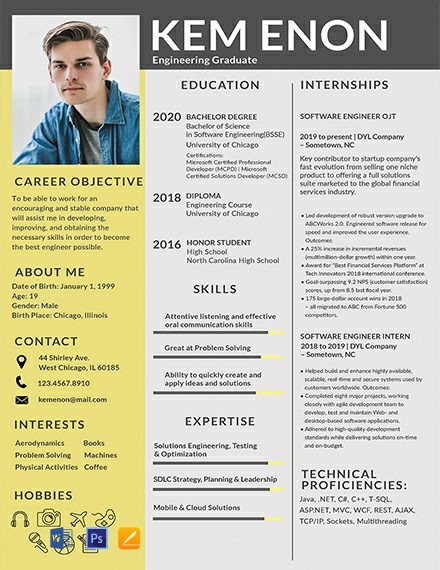 Resume Format for Engineering Freshers Template - Word, Apple Pages, PSD
