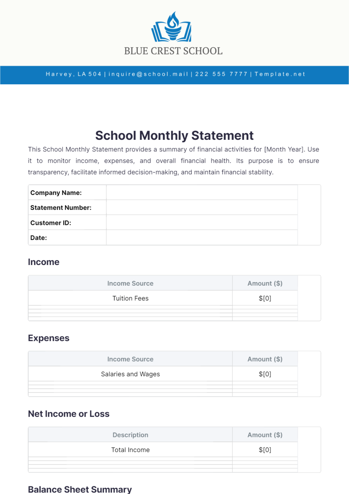 School Monthly Statement Template - Edit Online & Download