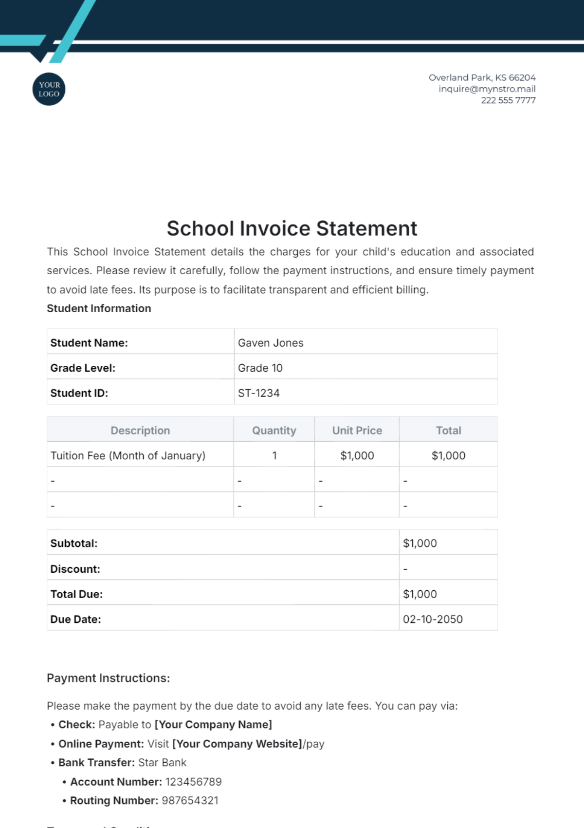 School Invoice Statement Template