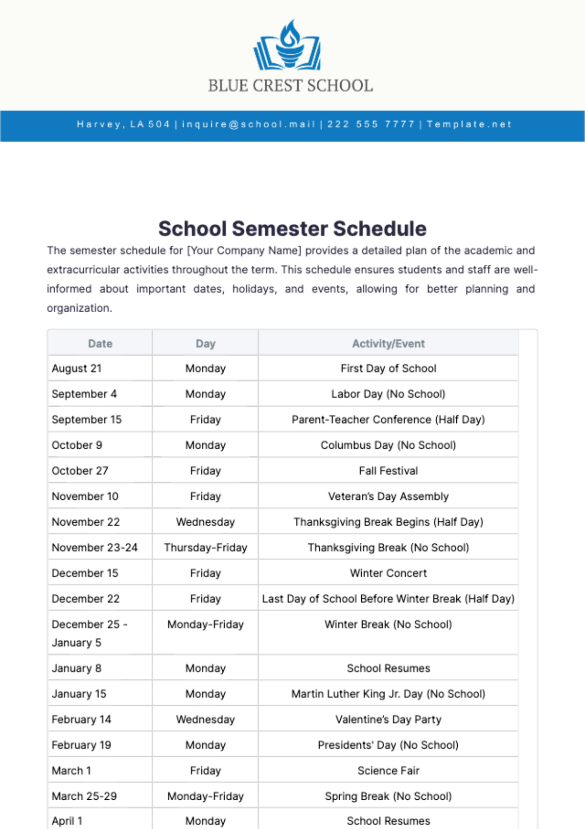 School Semester Schedule Template - Edit Online & Download