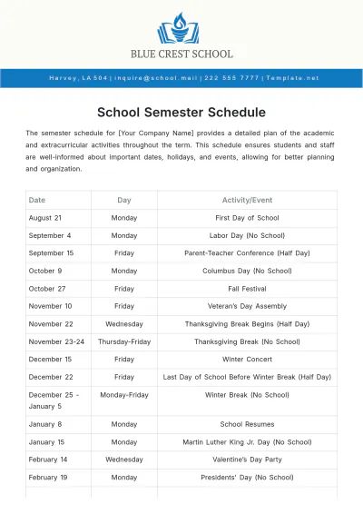 Free School Semester Schedule Template to Edit Online