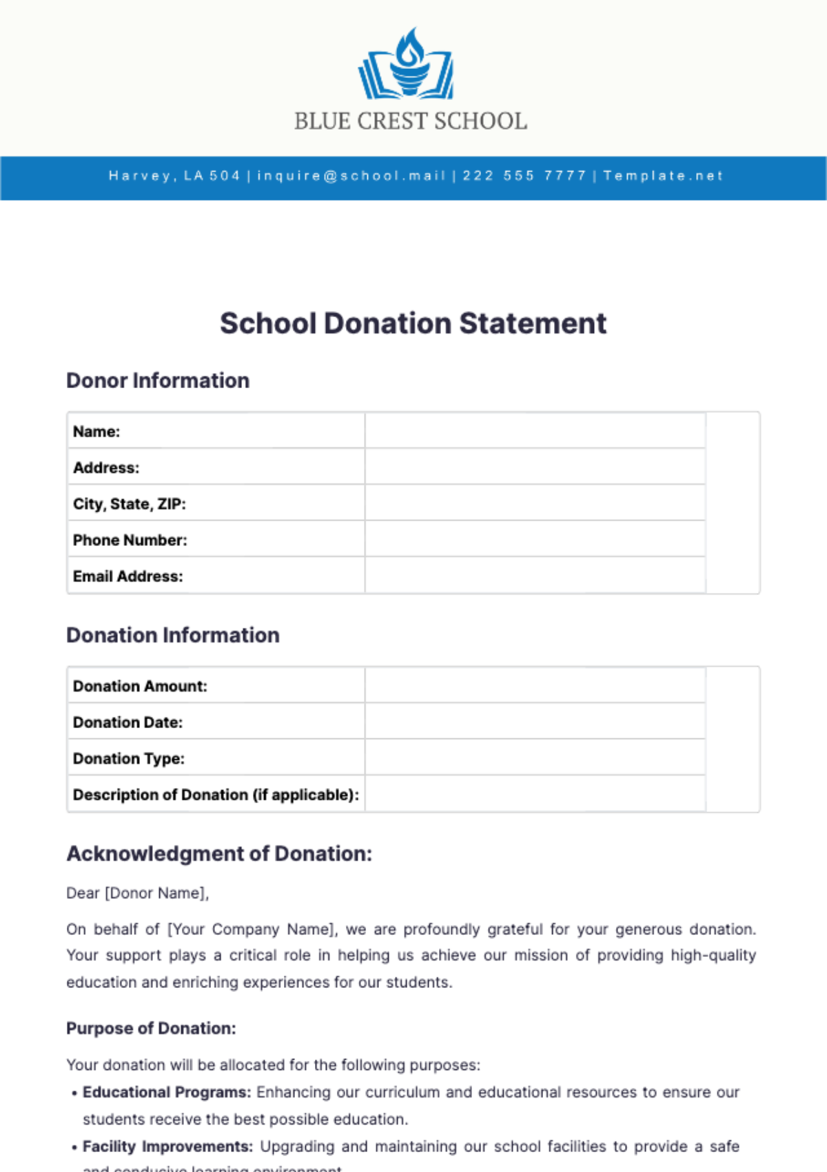 School Donation Statement Template - Edit Online & Download