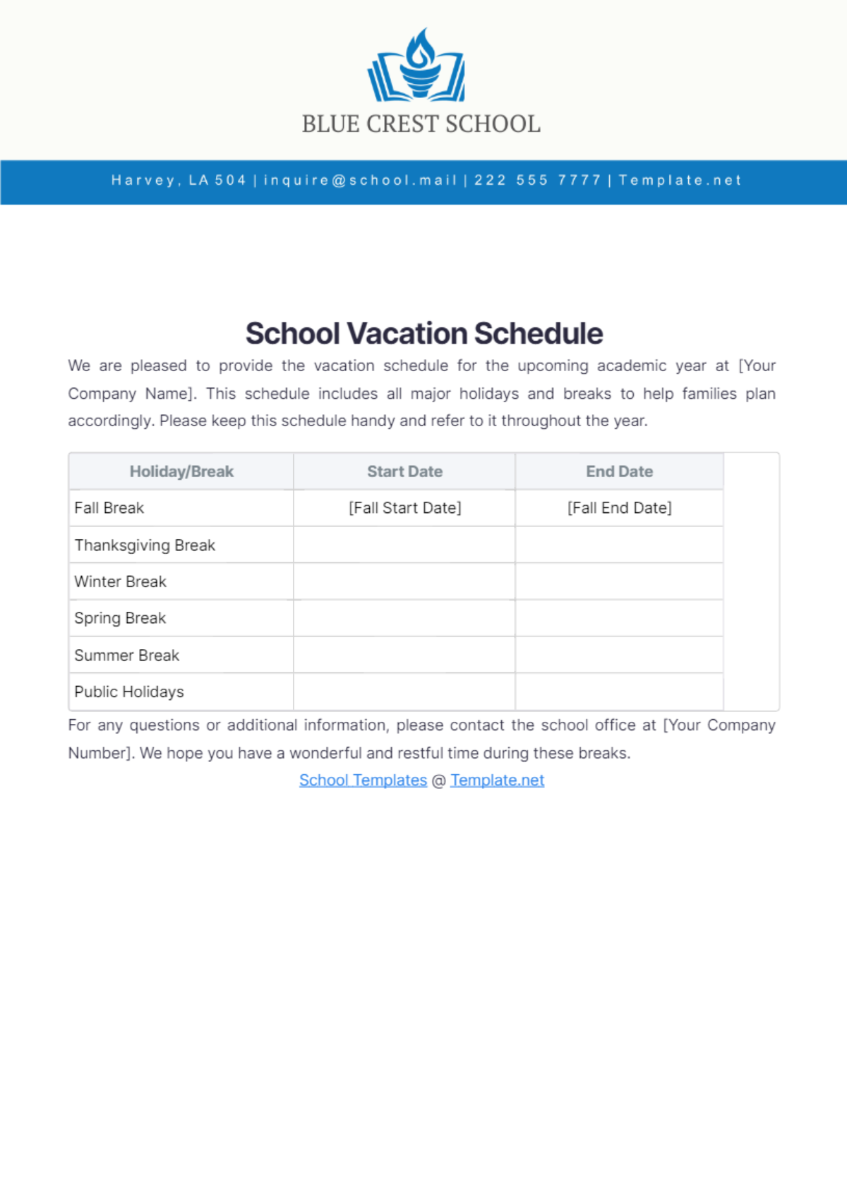 School Vacation Schedule Template - Edit Online & Download