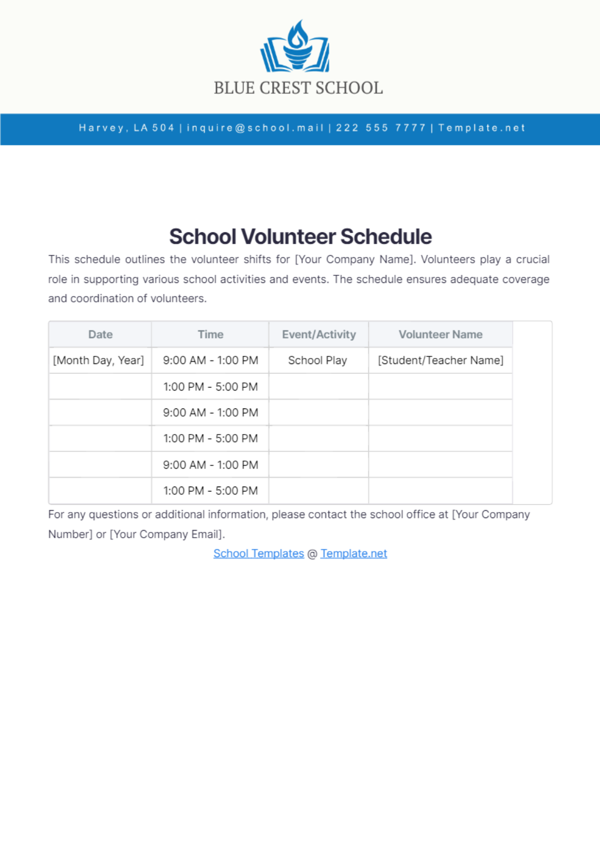 School Volunteer Schedule Template - Edit Online & Download