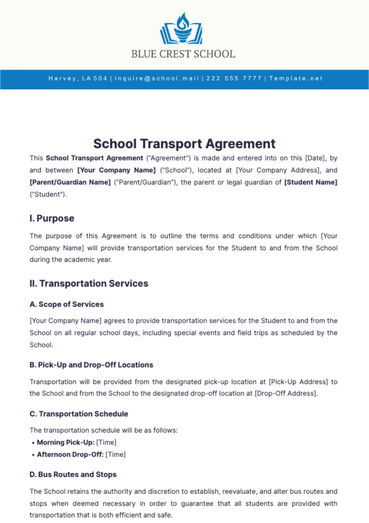 School Transport Agreement Template