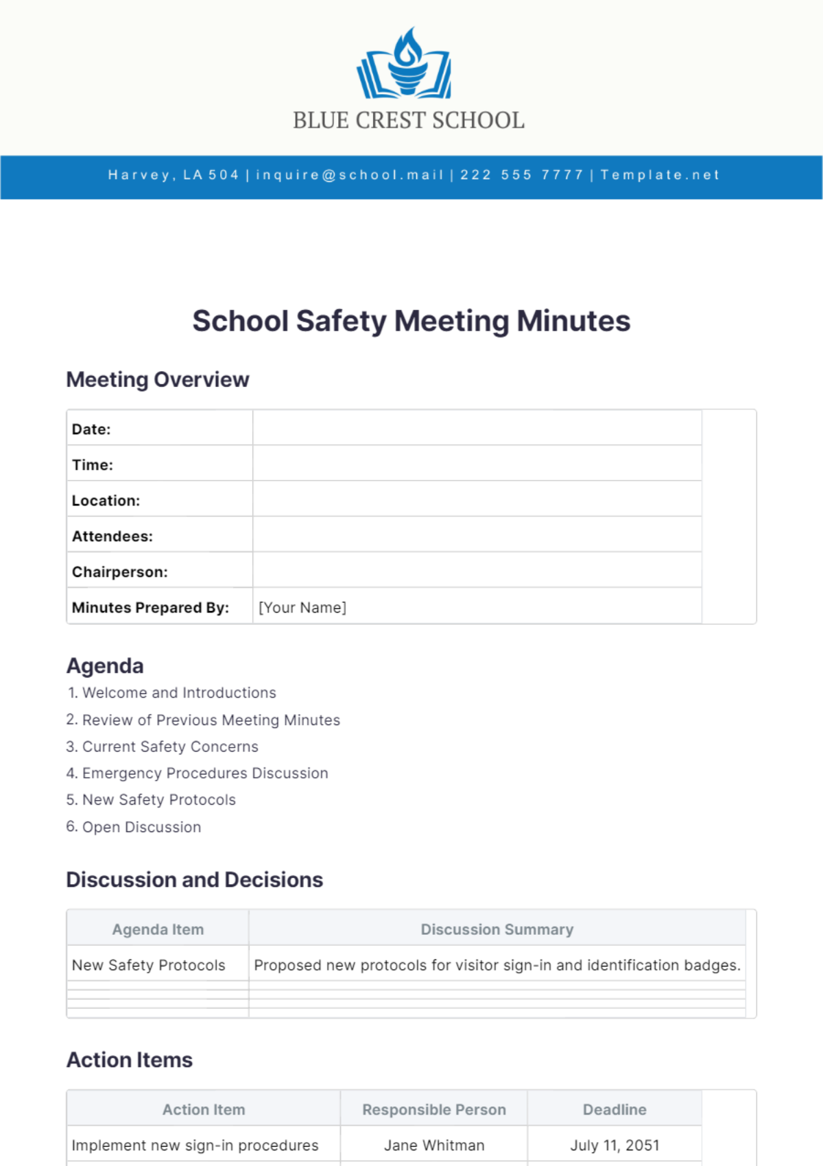 School Safety Meeting Minutes Template - Edit Online & Download